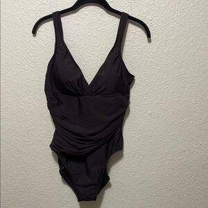 TRIMSHAPER Women Brown One Piece Swimsuit With Runching. Good Condition. Sz 12.